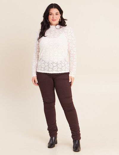 T-shirt cintr&eacute; col montant dentelle ecru femme