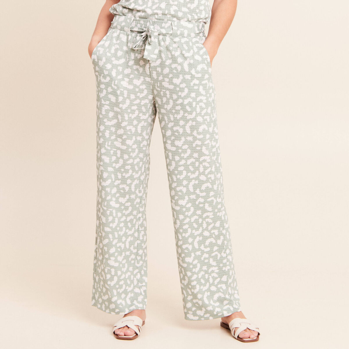 Pantalon coupe large 7/8&egrave;me taille haute taupe femme