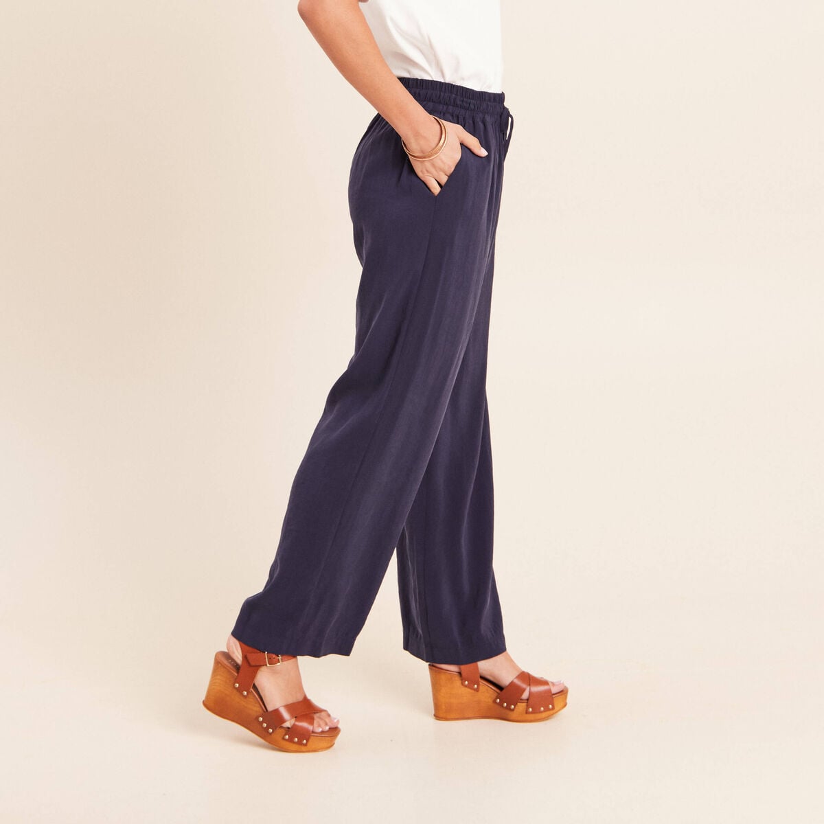 Pantalon large bleu marine femme