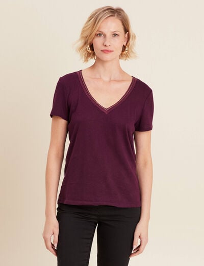 T-shirt manches courtes col en V violet foncé femme