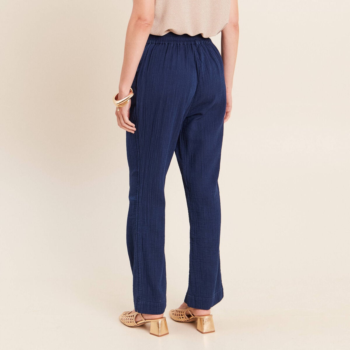 Pantalon large 7/8&egrave;me taille haute bleu roi femme