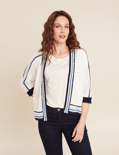 Gilet manches 3/4 ajouré ecru femme