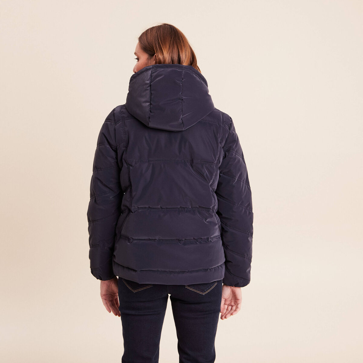 Doudoune cintr&eacute;e &agrave; capuche bleu fonc&eacute; femme