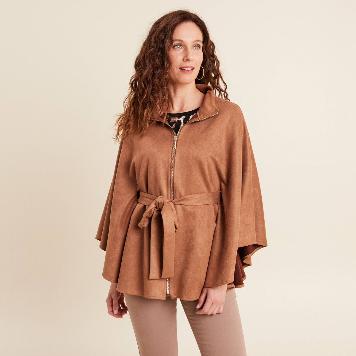 Poncho ceintur&eacute; fermeture zipp&eacute;e marron clair femme