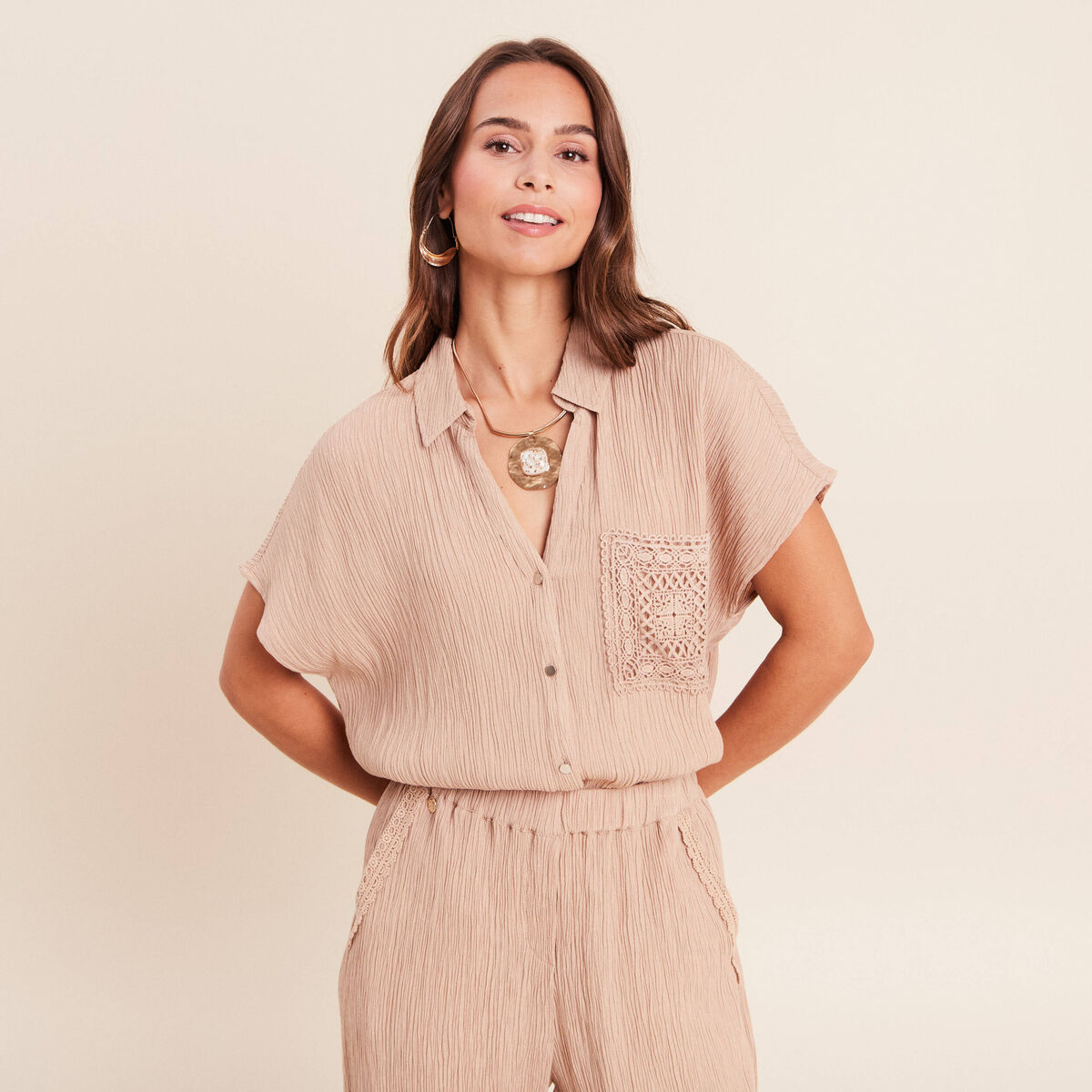Chemise ample courte manches courtes sable femme