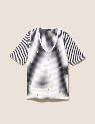 T-shirt droit broderie manches courtes bleu femme