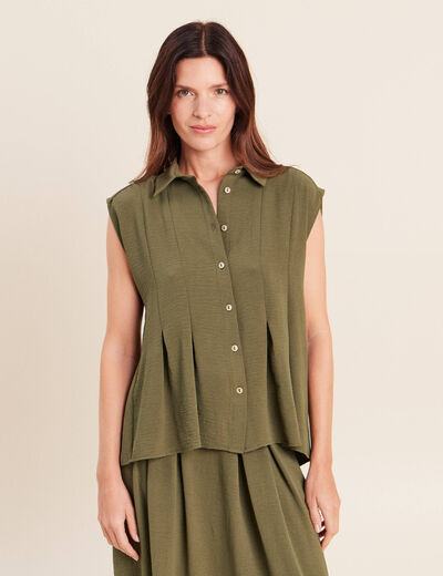 Chemise cintr&eacute;e manches courtes vert kaki femme