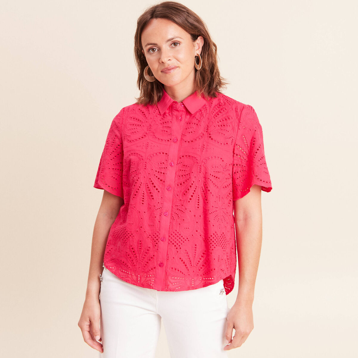 Chemise manches courtes brod&eacute;e rose fushia femme