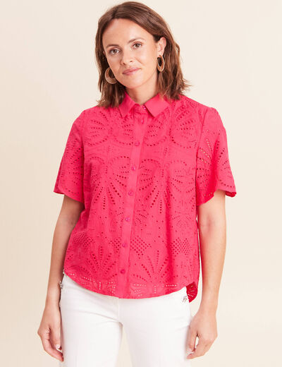 Chemise manches courtes brod&eacute;e rose fushia femme