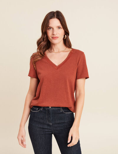 T-shirt manches courtes col en V marron foncé femme