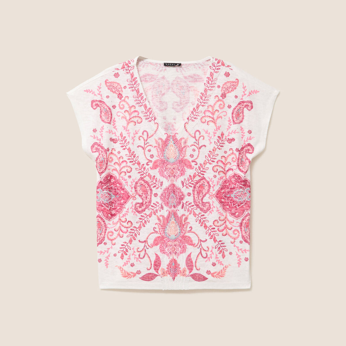 T-shirt macram&eacute; manches courtes ecru femme