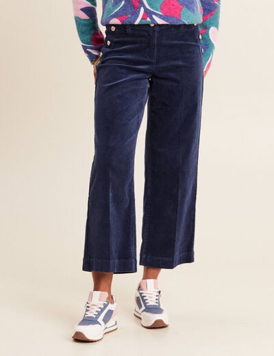 Pantalon large velours c&ocirc;tel&eacute; bleu marine femme