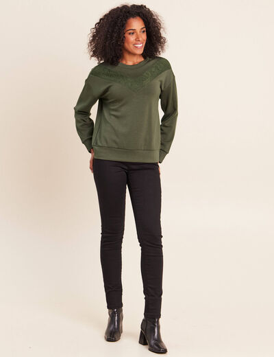 Sweat manches longues d&eacute;tail dentelle vert kaki femme