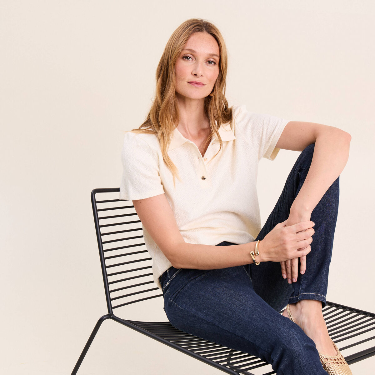 Polo jacquard manches courtes ecru femme
