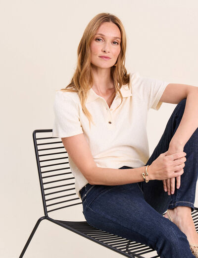 Polo jacquard manches courtes ecru femme