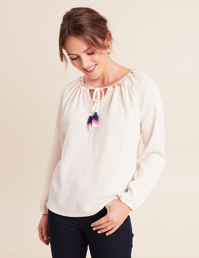 Blouse col tunisien manches longues ecru femme