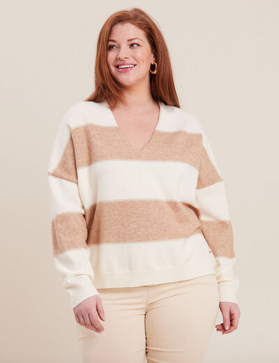 Pull manches longues col en V sable femme
