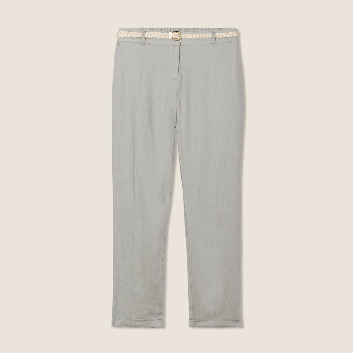Pantalon coupe chino en lin ceintur&eacute; vert clair femme