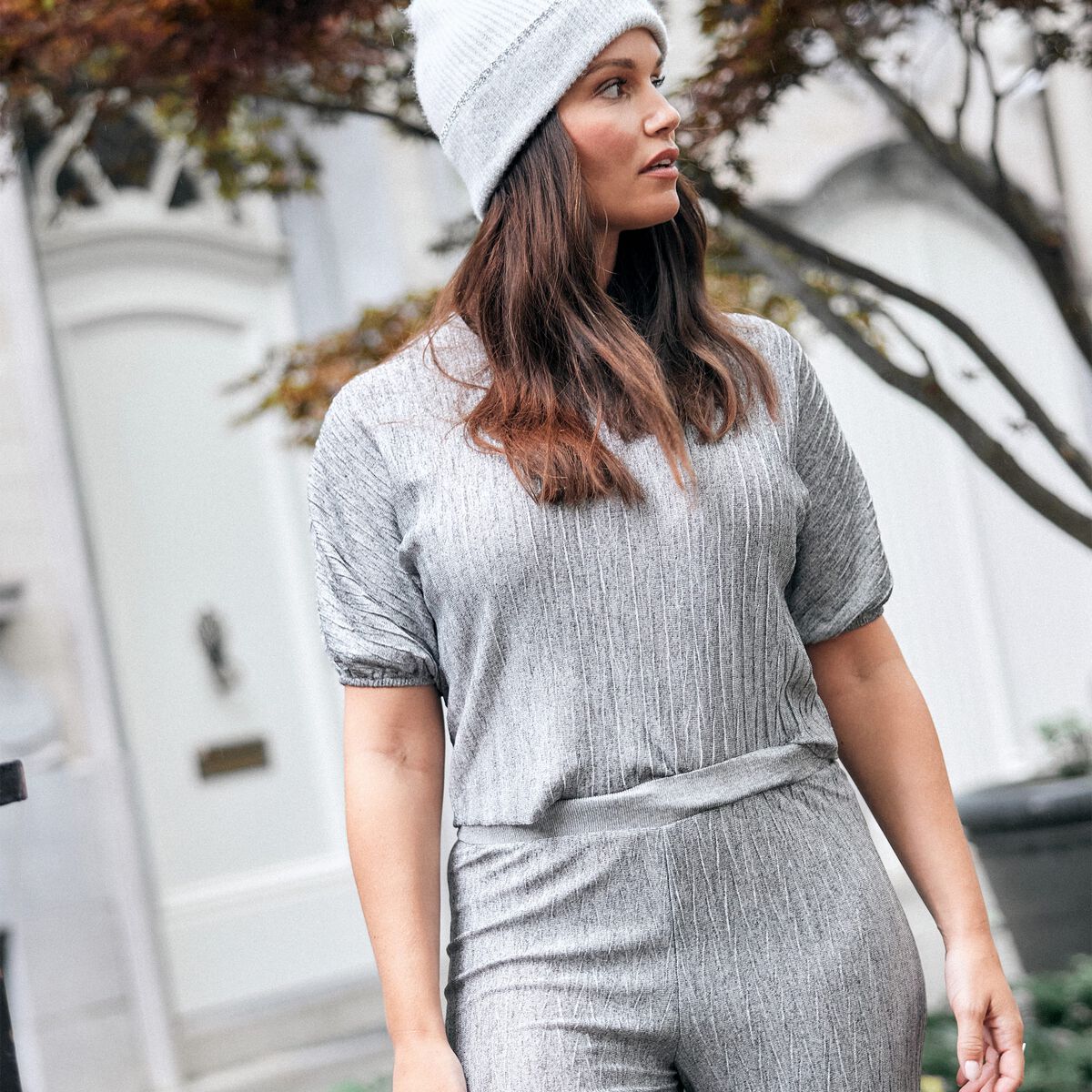 Blouse manches 3/4 pliss&eacute;e gris argent femme