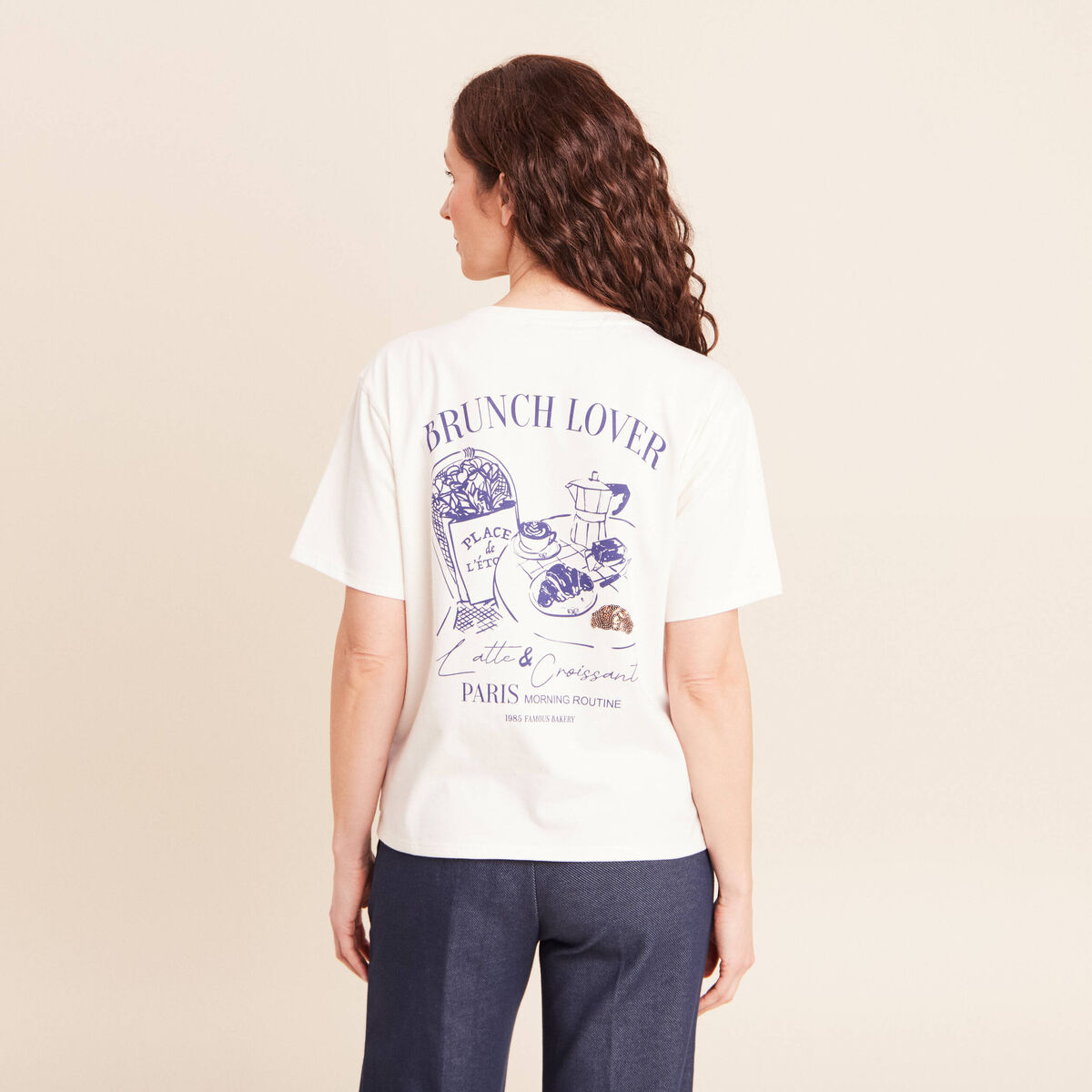 T-shirt avec print et broderie sequins ecru femme