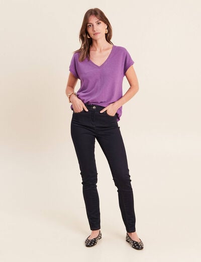 T-shirt col v manches courtes aspect lin violet femme