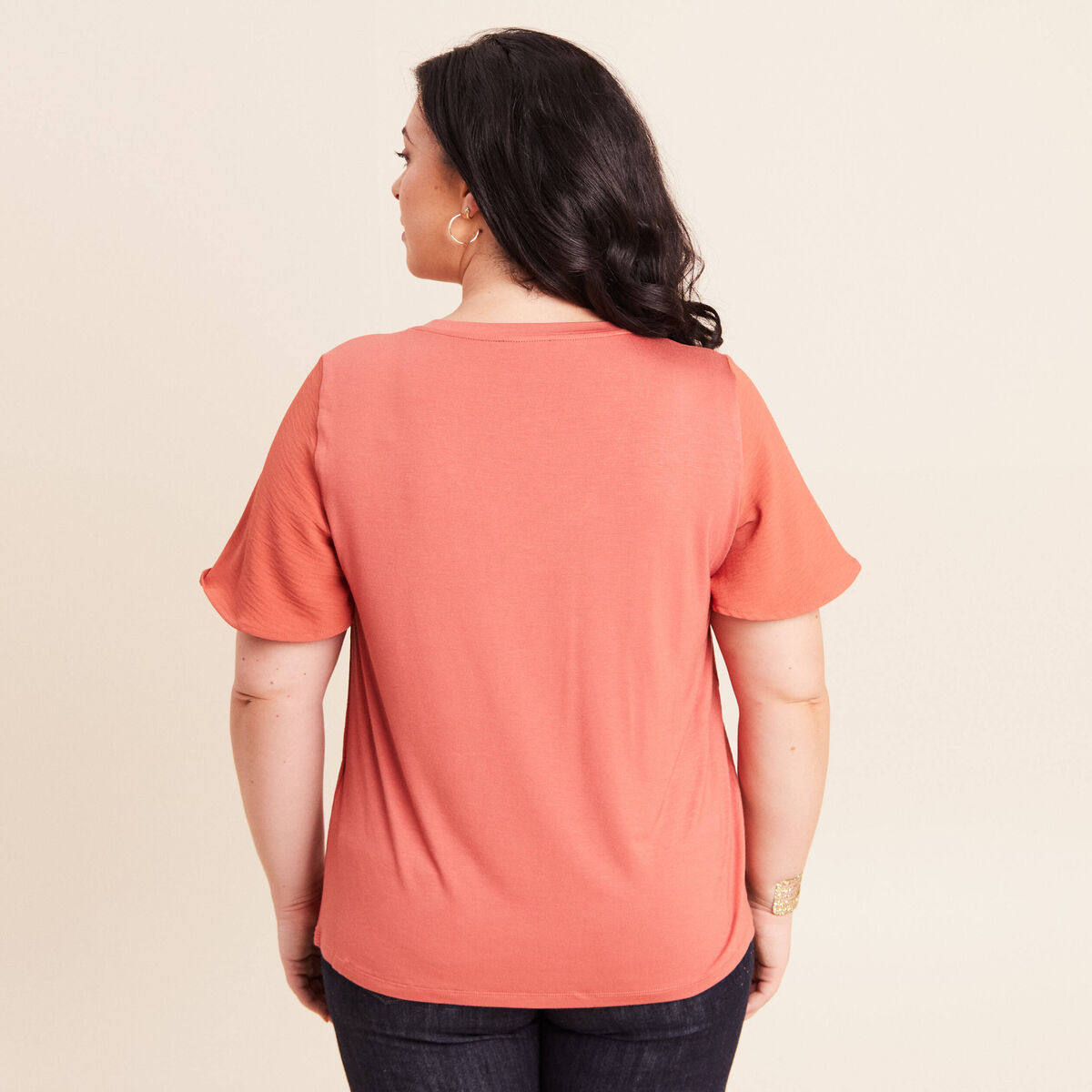 T-shirt bi-mati&egrave;re manches courtes vieux rose femme