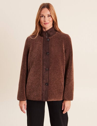 Manteau manches longues col montant marron fonc&eacute; femme