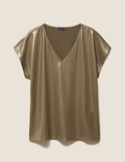 T-shirt col V manches courtes vert kaki femme