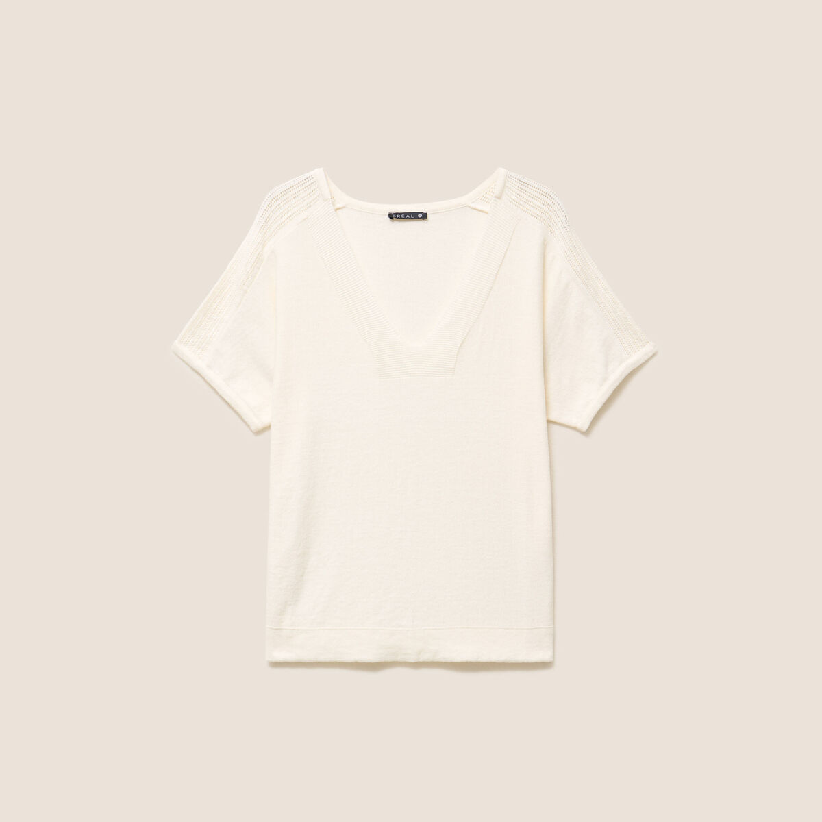 Pull droit col v manches courtes ecru femme
