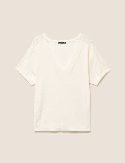 Pull droit col v manches courtes ecru femme