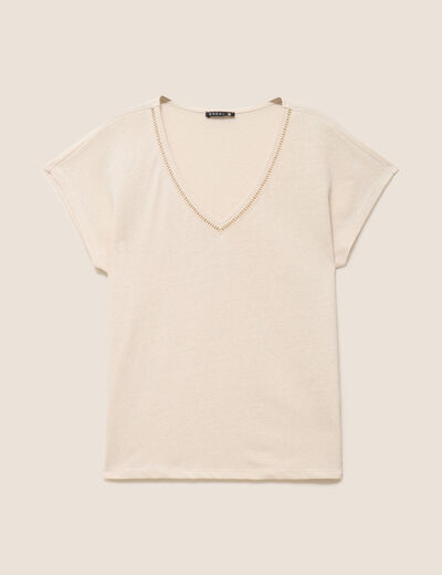 T-shirt col v manches courtes aspect lin beige femme