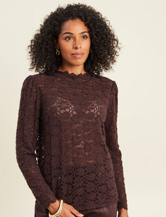 T-shirt cintr&eacute; col montant dentelle marron fonc&eacute; femme