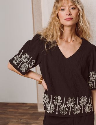 Blouse droite courte manches coudes noir femme