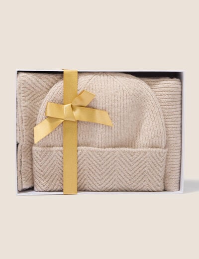 Coffret lot de 2 &eacute;charpe et bonnet creme femme
