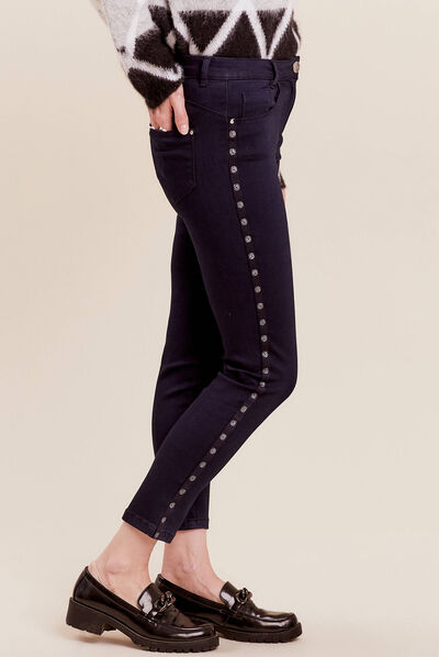 Jean ajusté 7/8ème avec bandes denim brut femme