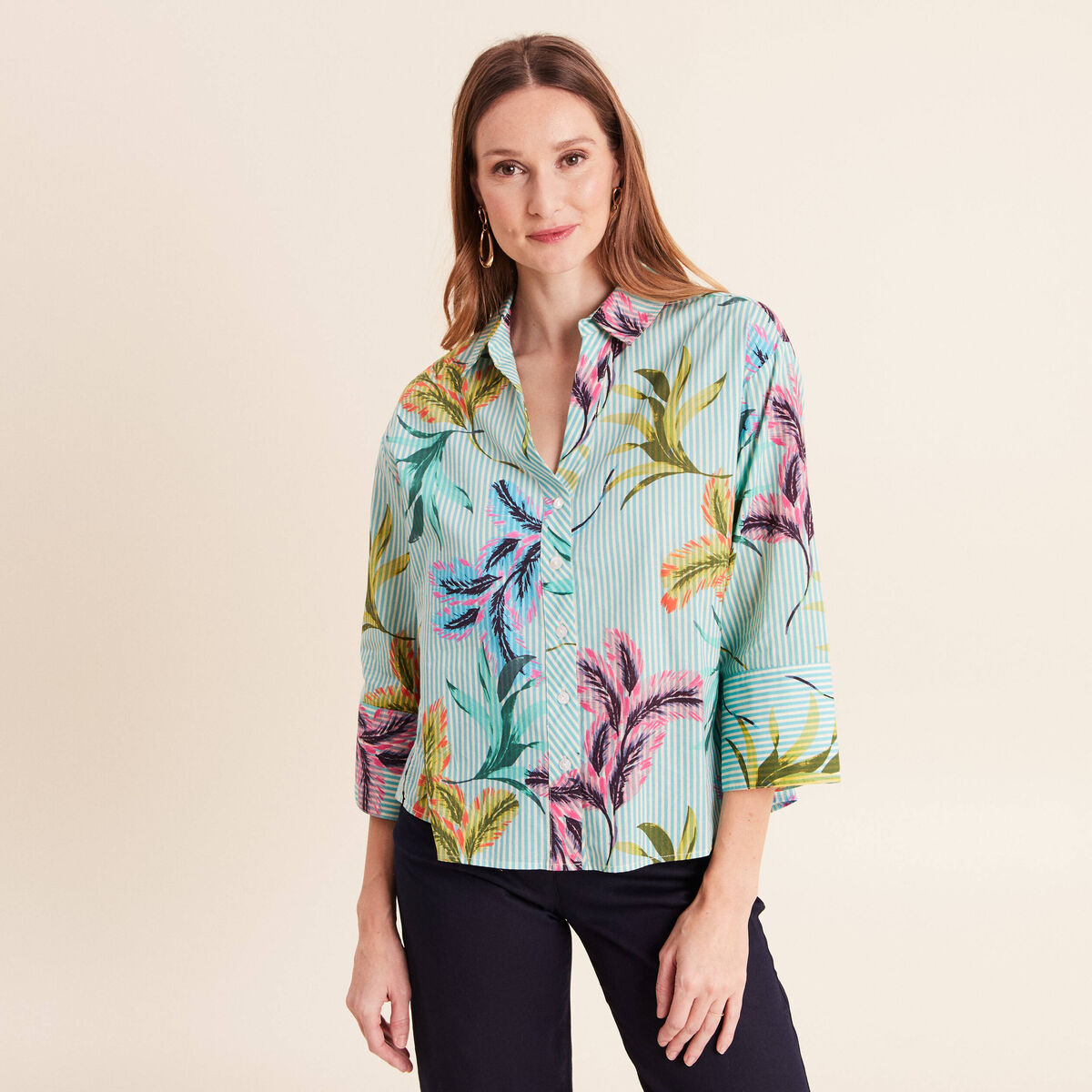 Chemise droite courte manches 3/4 vert femme