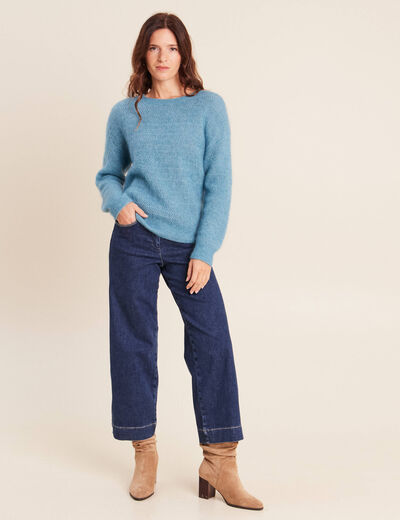 Pull droit col rond manches longues bleu p&eacute;trole femme