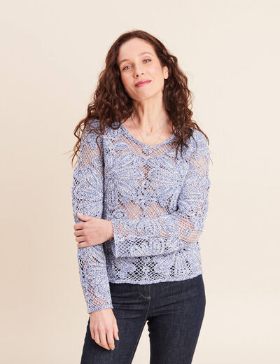 Pull manches longues aspect dentelle bleu ciel femme