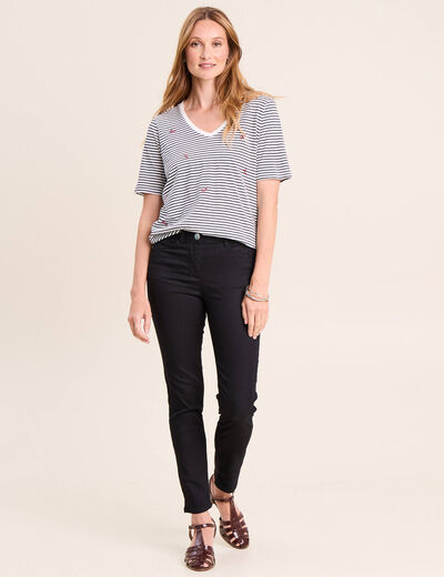 T-shirt droit broderie manches courtes bleu femme