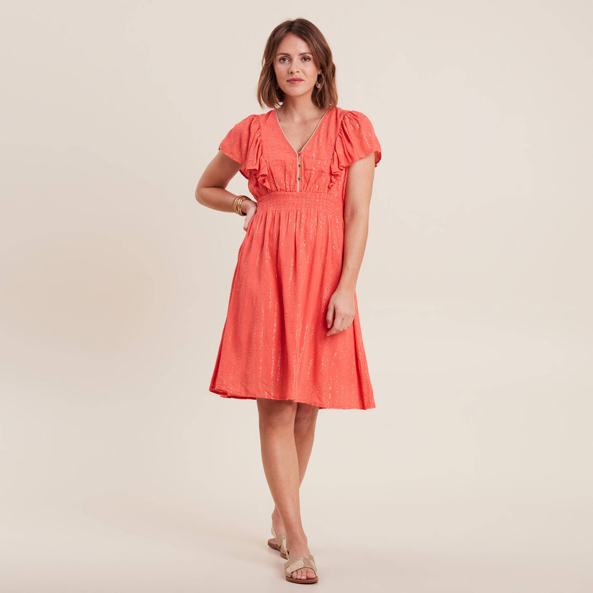 Robe droite fluide smockée orange clair femme