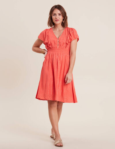 Robe droite fluide smockée orange clair femme
