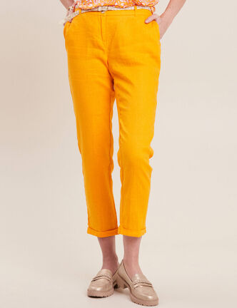 Pantalon coupe chino en lin ceintur&eacute; jaune or femme