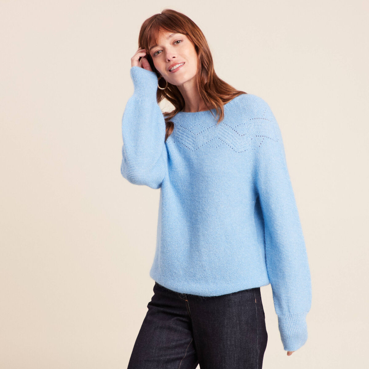 Pull confectionn&eacute; en France bleu ciel femme