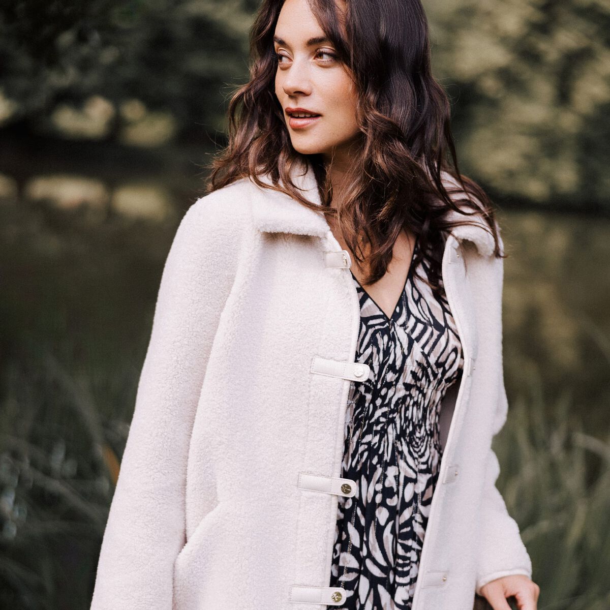 Manteau droit laine mouton ivoire femme
