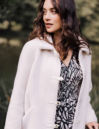 Manteau droit laine mouton ivoire femme