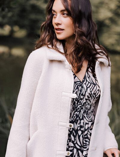 Manteau droit laine mouton ivoire femme