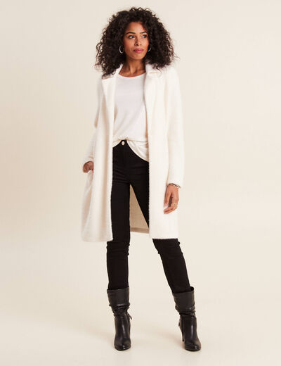 Gilet long boutonn&eacute; ecru femme