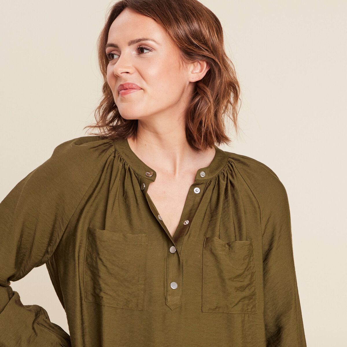 Blouse manches longues vert olive femme