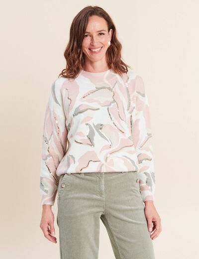 Pull col rond &agrave; sequins rose femme