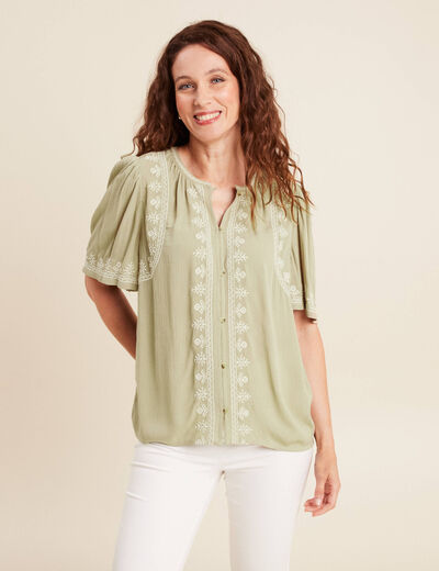 Chemise crêpe broderie col rond vert kaki femme